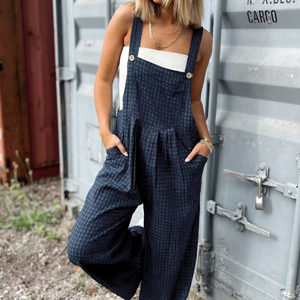 B243 Sail Blue Plaid Print Buttoned Pocketed High Waist Overall - Picture 4 of 16